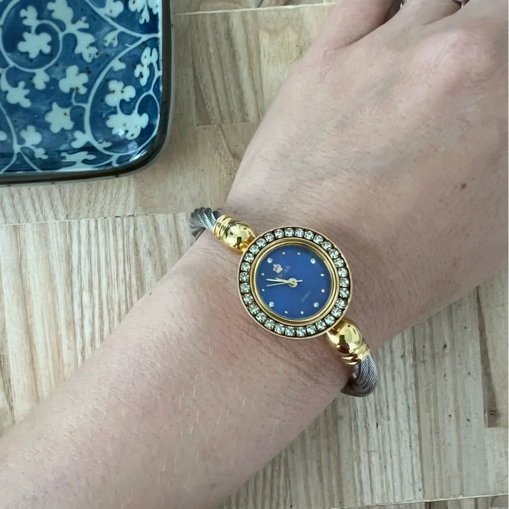 Oscar ladies blue dial two toned bracelet cuff watch NEW BATTERY